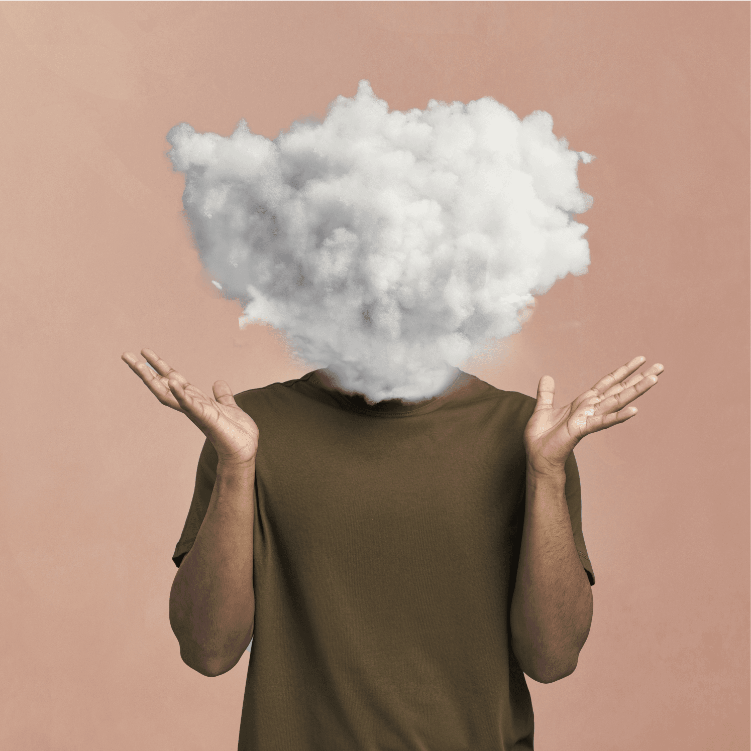 Person with a cloud over their head, brown shirt, hands up in question.